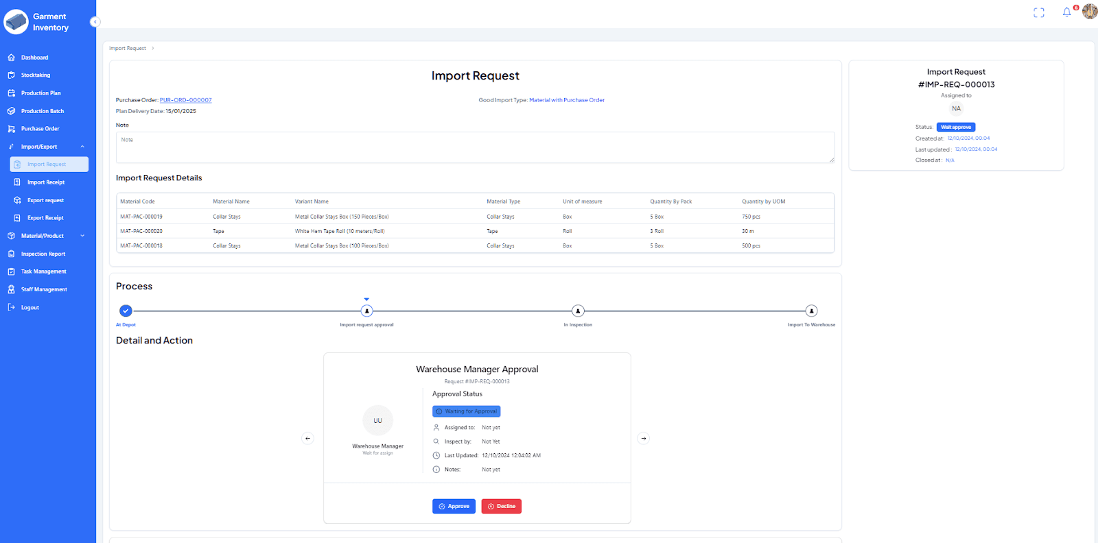 Warehouse management system of garment factory