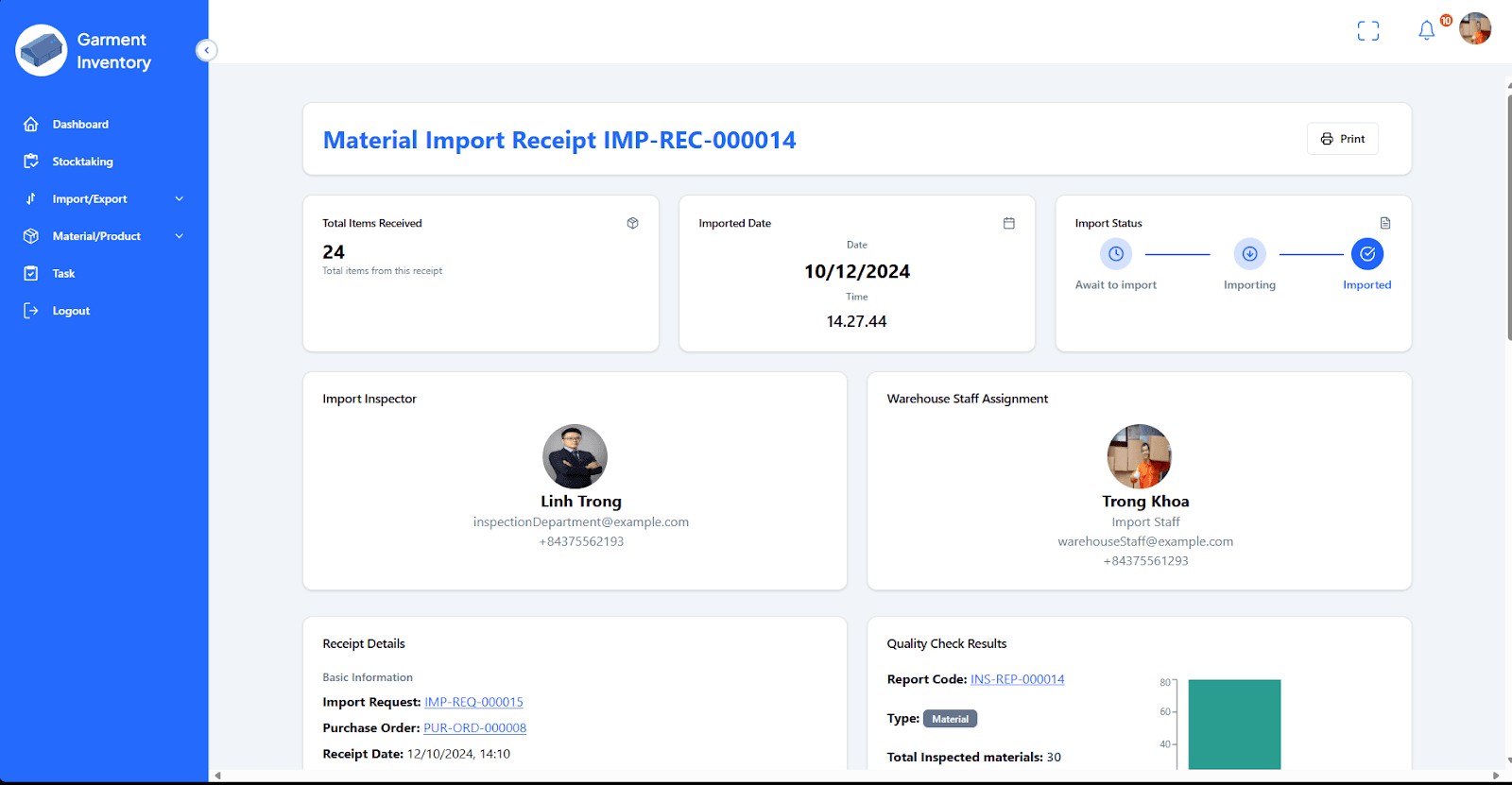 Warehouse management system of garment factory